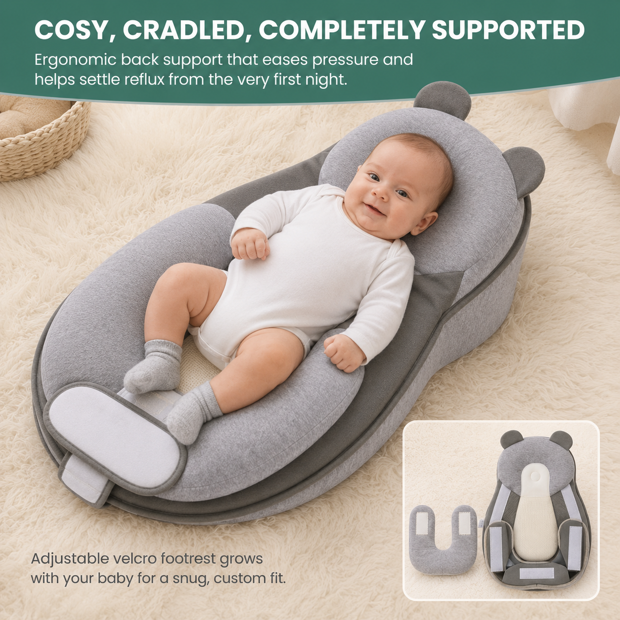 Avoria™ SleepNest - Newborn Reflux & Anti-Roll Sleep Nest - Ergonomic Wedge & Feeding Support